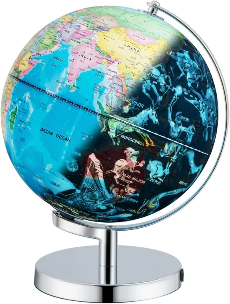 Mappamondo Illuminato 3 in 1 di 29 cm con Supporto, Mappamondo Educativo con 88 Costellazioni, Decorazione da Tavolo con Luce Notturna per Casa, Scuola, Ufficio