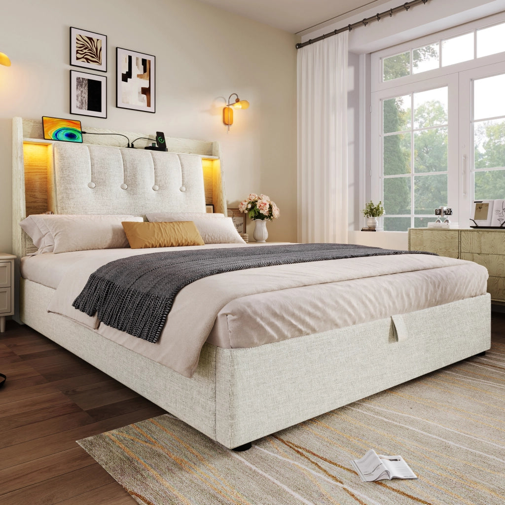 Letto singolo imbottito 90x200cm con ricarica LED e USB C in lino beige