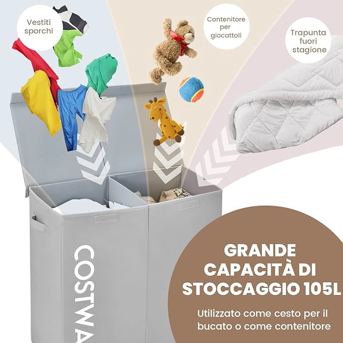 115 L Cesto Portabiancheria con Coperchio, Portabiancheria Sporca con 2 Scomparti e Maniglie, in Tessuto Non Tessuto, Ideale per Bagno Lavanderia, 62 x 31 x 60 cm (Grigio)