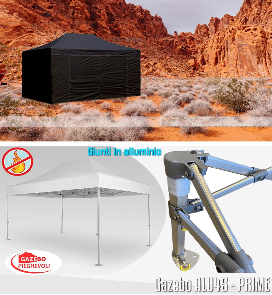 Gazebo 3x4,5 m nero certificato IGNIFUGO pieghevole alluminio piantone esagonale 45mm portatile estendibile richiudibile estensibile acciaio con laterali per fiere eventi stand chiosco tenda tendone mercato mercatino