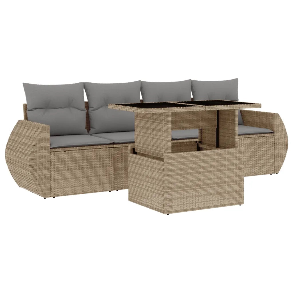 Set Divano da Giardino 5 pz con Cuscini Beige in Polyrattan