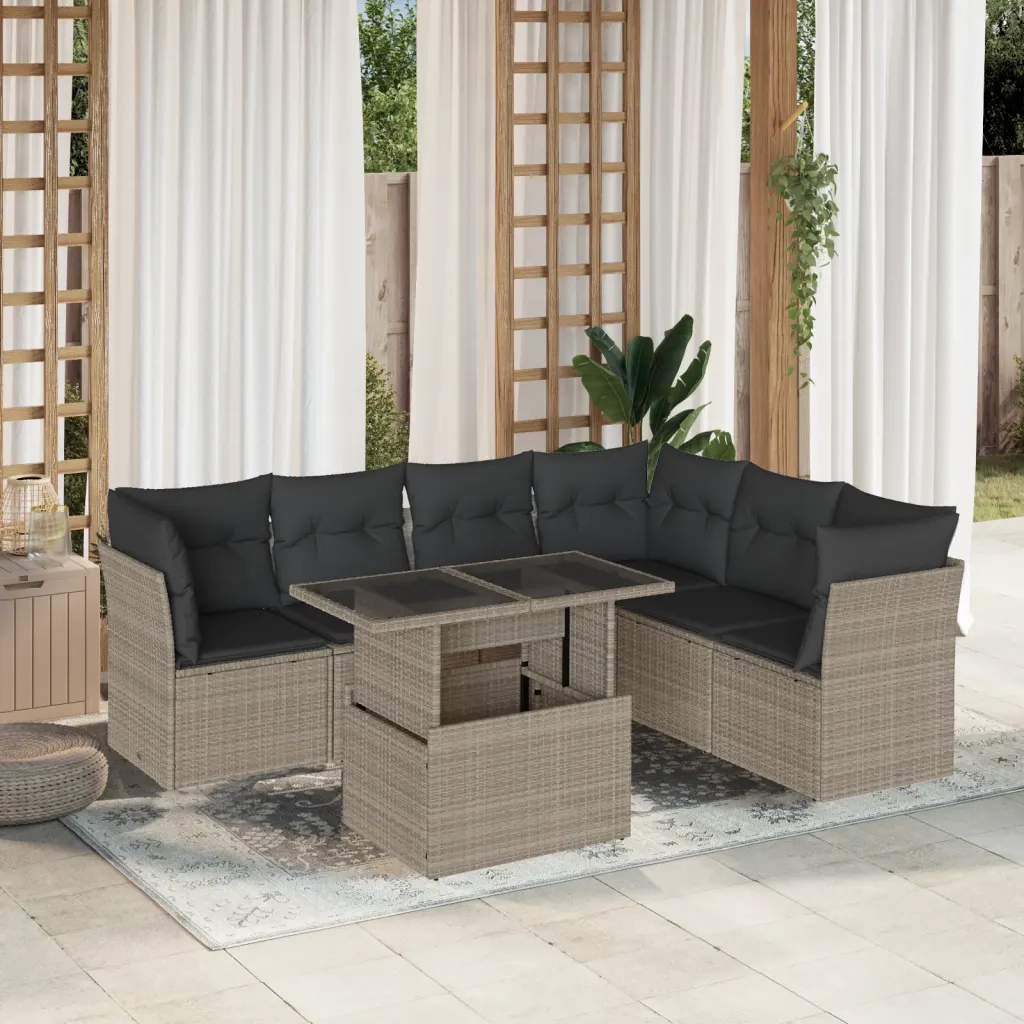 Set Divani da Giardino 7pz con Cuscini Grigio Chiaro Polyrattan