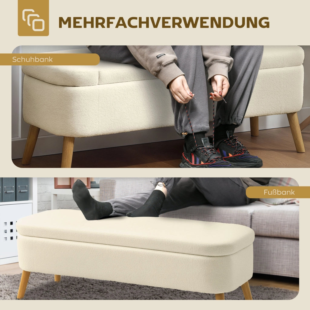 Panca contenitore con seduta imbottita ¨C Xylo ¨C Tessuto teddy beige, legno, 120x42x45 cm, 65L