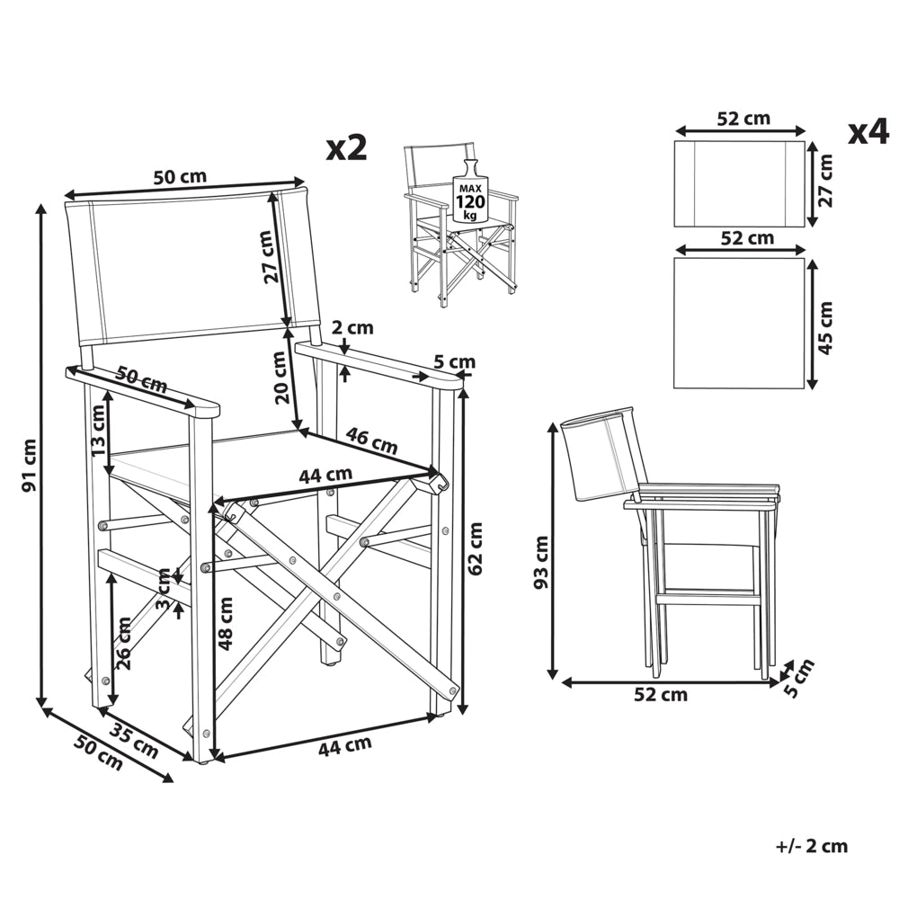 Set di 2 sedie da regista da giardino in legno chiaro con tessuto di ricambio in acacia bianco sporco con motivo astratto pieghevole con 2 Tele intercambiabili