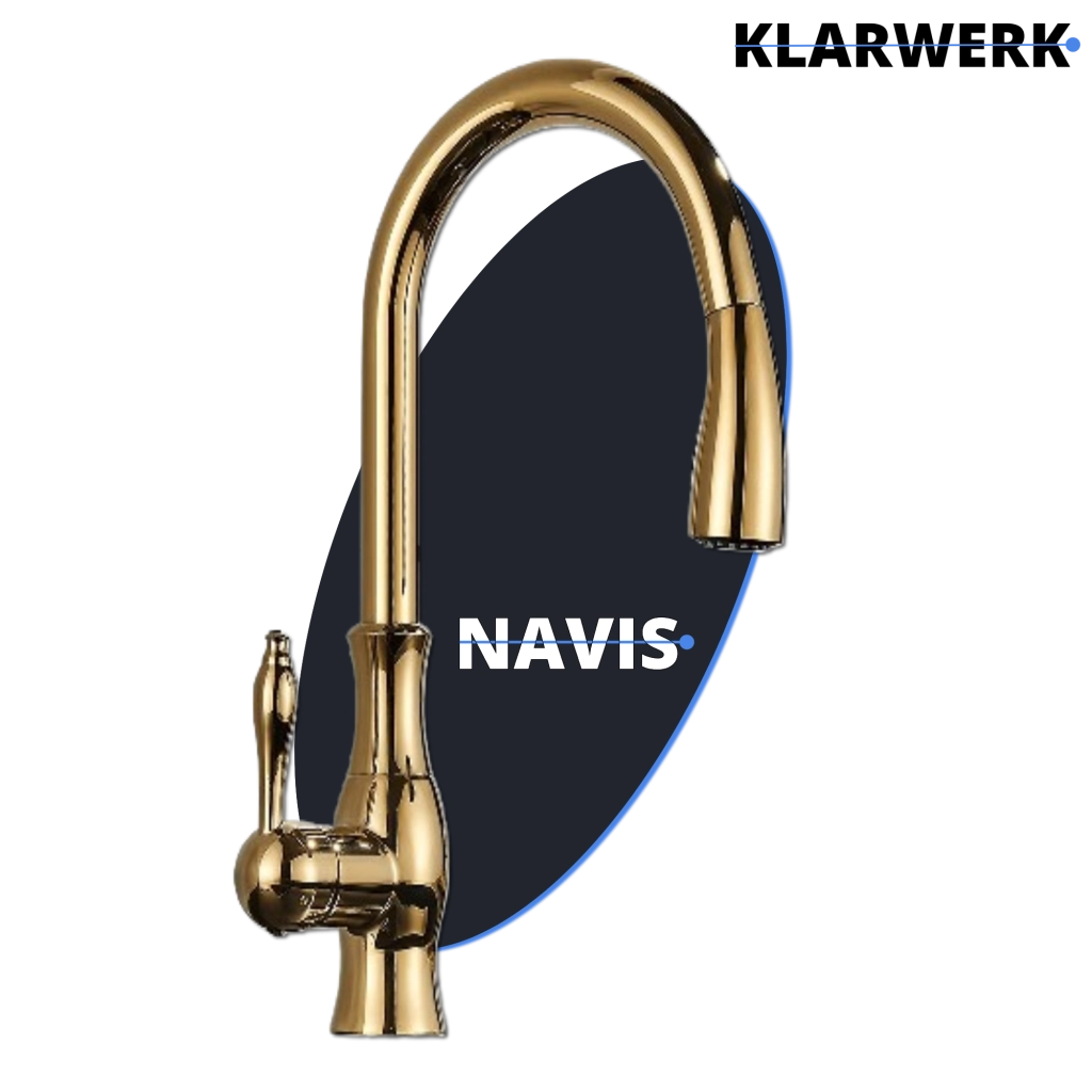 NAVIS | Elegante rubinetto cucina estraibile in acciaio inox dorato, arco alto, miscelatore di lusso, alta pressione, 360°, 2 attacchi