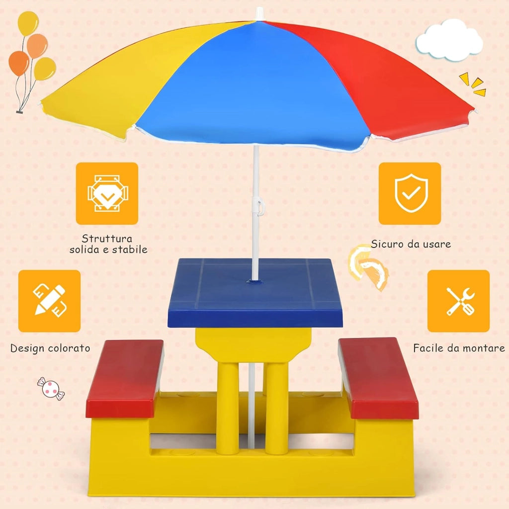 Tavolo da Picnic per Bambini con Parasole Pieghevole, Set di Tavolo e Panche per Giardino Esterno (rosso+blu+giallo)