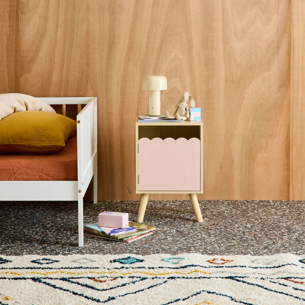 Comodino per bambini decorazione legno 1 anta, rosa