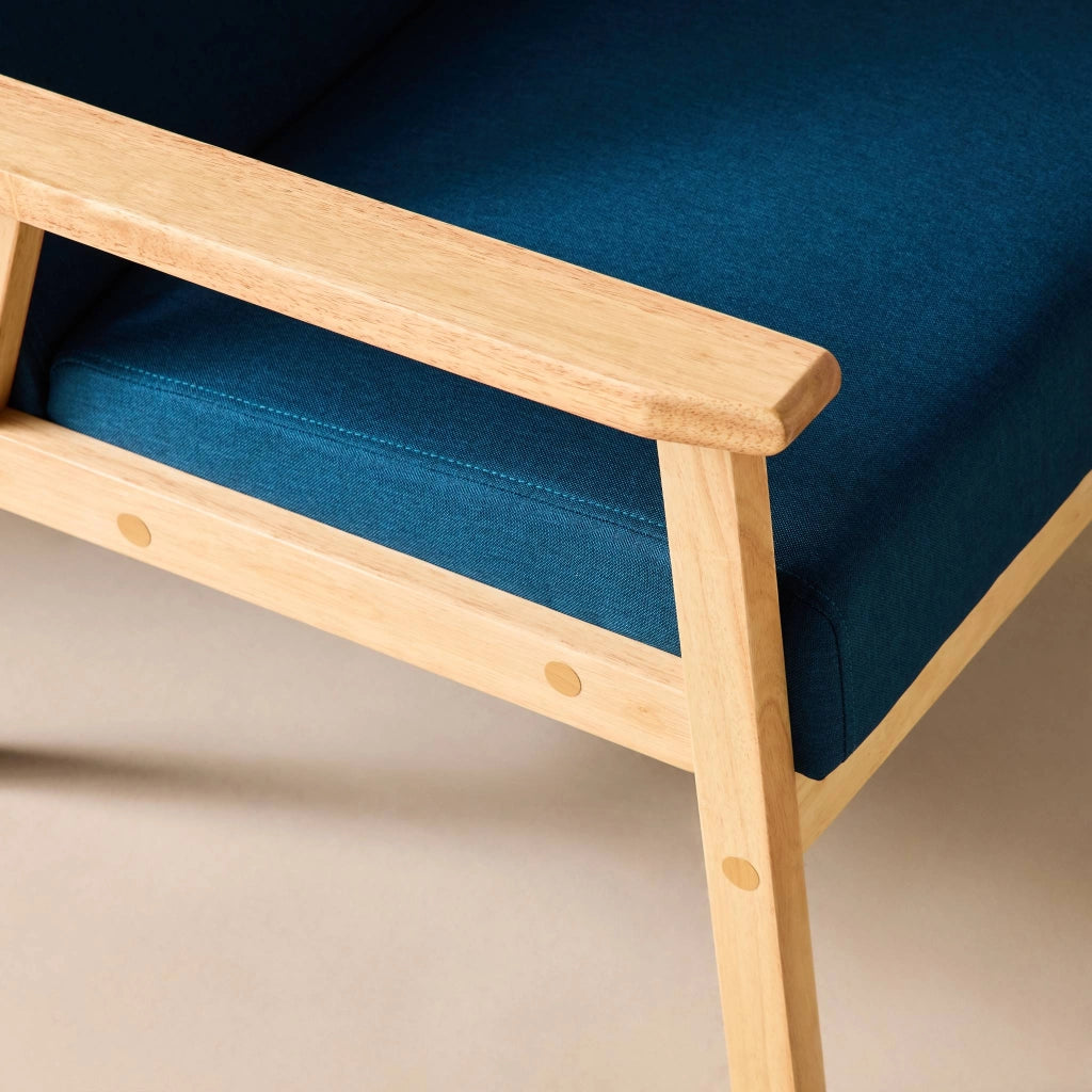 Poltrona scandinava in legno e tessuto, blu smeraldo