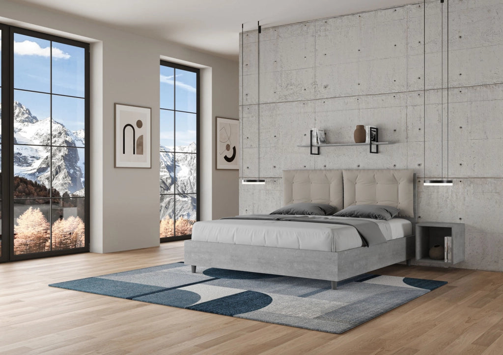 BS COM Letto matrimoniale contenitore 160x190 cemento cuscini similpelle tortora
