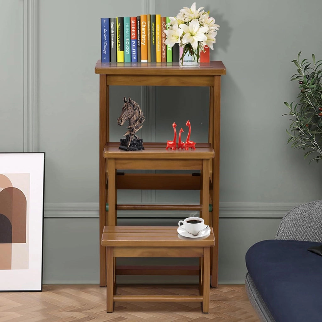 Sgabello Scaletta 3 Gradini in Legno di Pino, Sgabello Scala Pieghevole Salvaspazio, Scaletta 3 Gradini a Ribalta, Capacità Portante 150 kg, 57 x 38,5 x 66cm (Naturale)