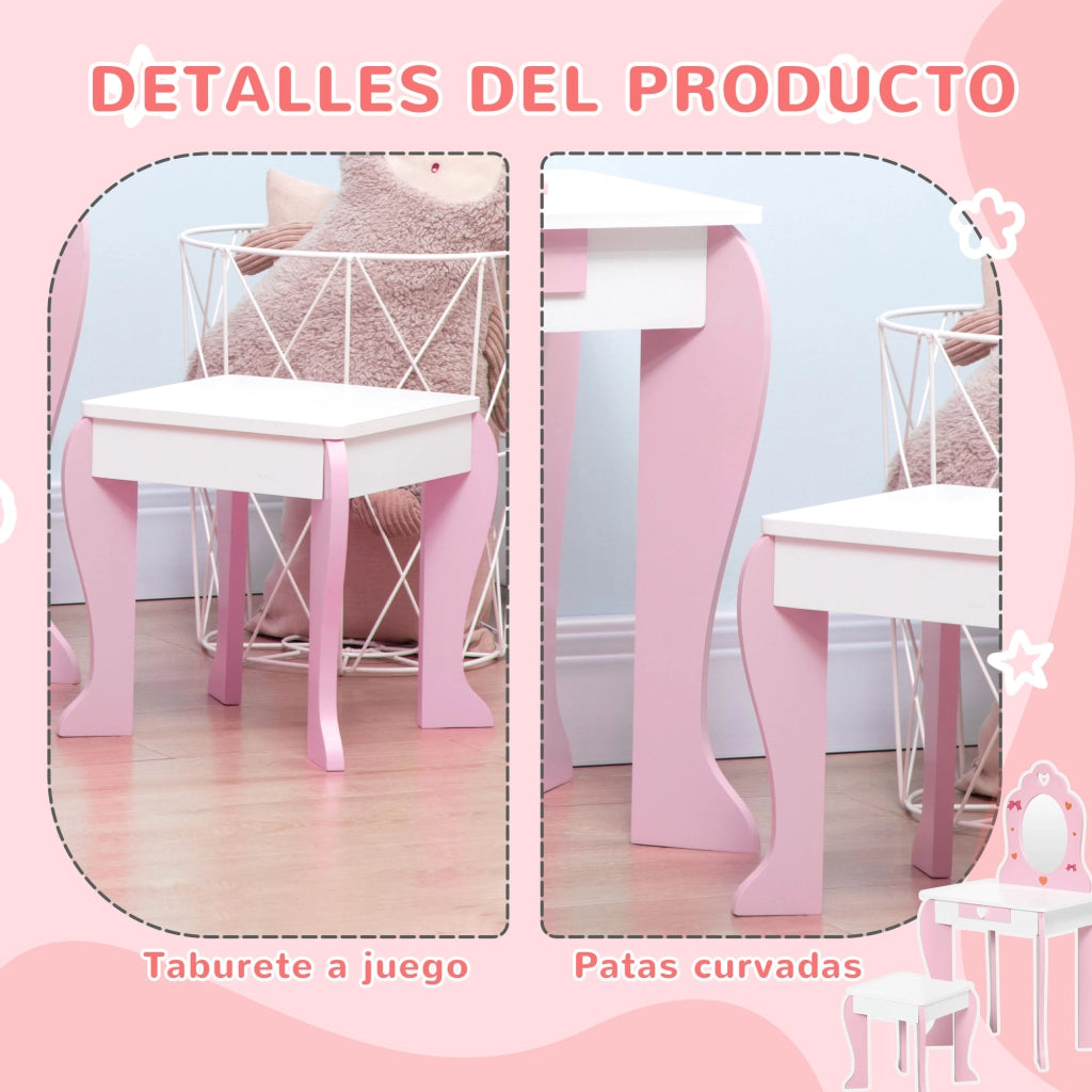 Tocador per bambini con specchio e sgabello ¨C zephmum ¨C rosa 50x36,5x89,5cm