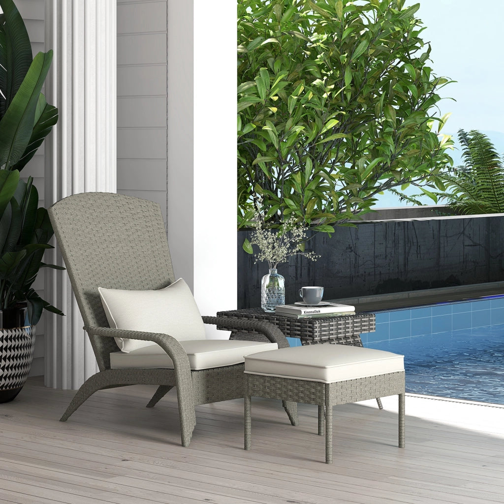 Sedia da Giardino con Poggiapiedi e Cuscini ¨C Minimal ¨C Rattan e Acciaio, Grigio e Crema, 64x82x89 cm