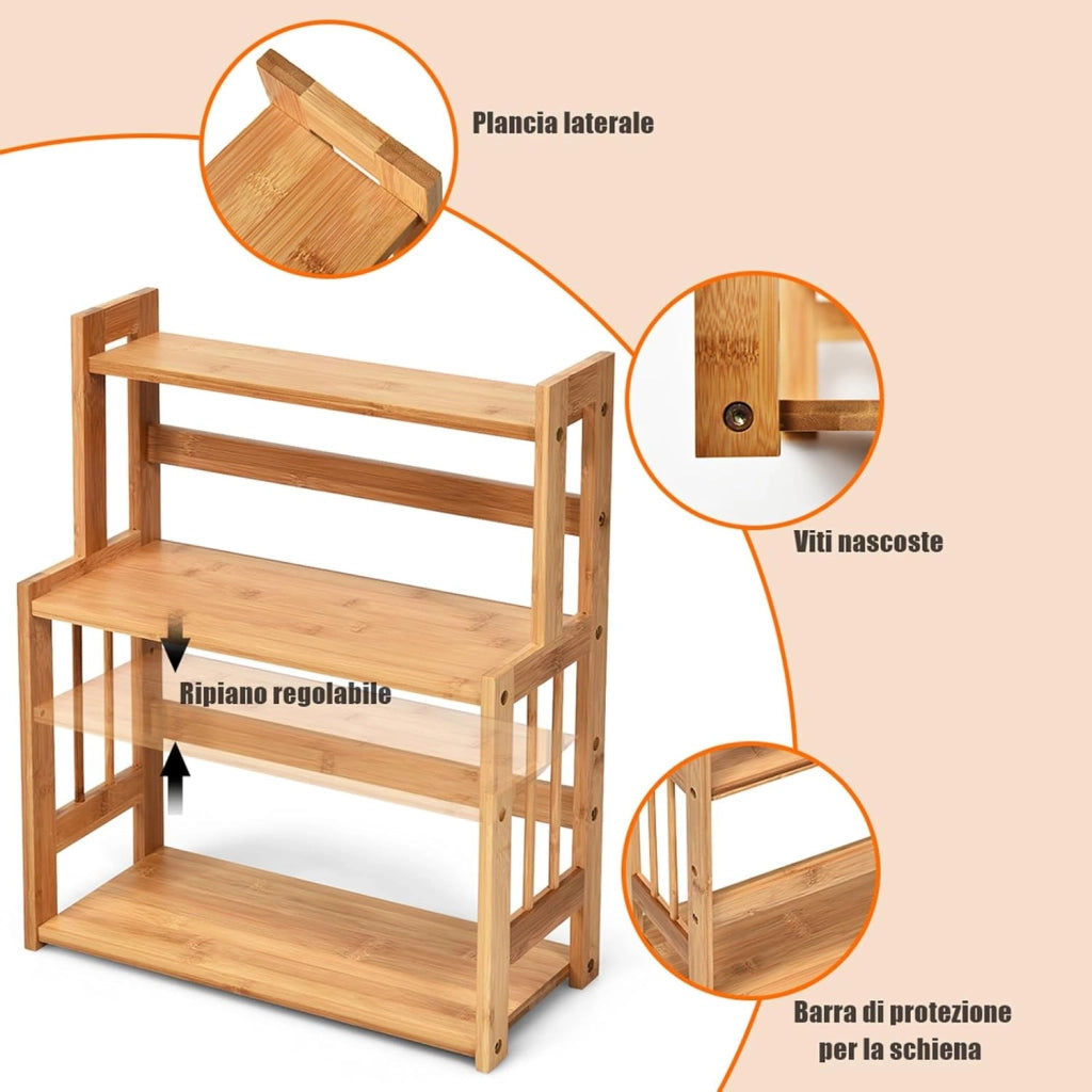 Porta Spezie a 3 Ripiani, Portaspezie Mensola per Cucina Bagno e Toletta, Organizzatore Supporto Porta Spezie in Legno bambù, Carico 20kg, 50 x 41,5 x 18 cm