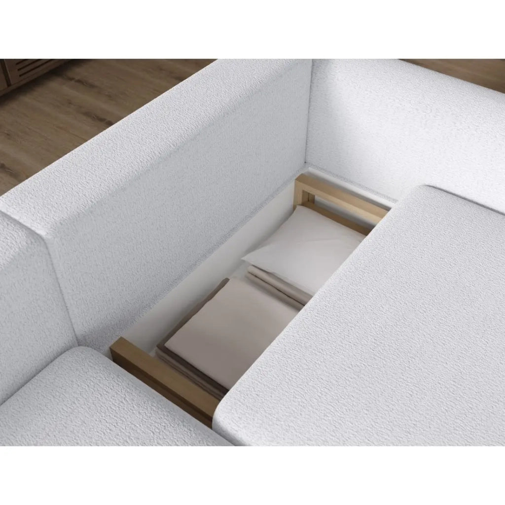Divano ad angolo convertibile ARVESSA bianco alpino in ciniglia – Angolo sinistro con vano contenitore