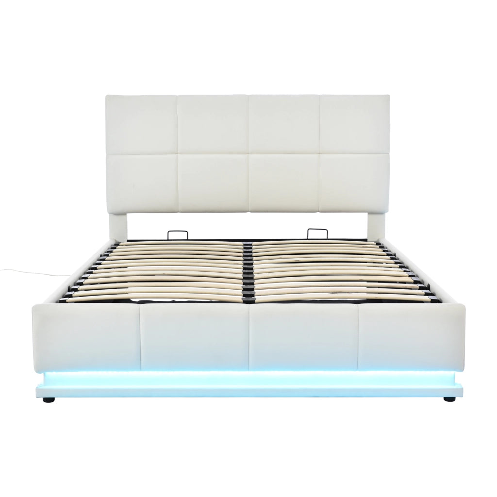 Letto doppio imbottito 140x200cm con luce LED e riporto sotto il letto bianco