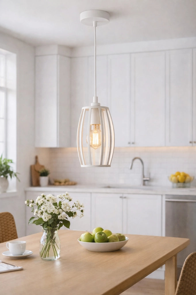 Lampadario Industriale a Sospensione E27 Bianco in Metallo, Gabbia Vintage, Lampada a Soffitto per Cucina Isola Soggiorno Ristorante, Lampadina Non Inclusa