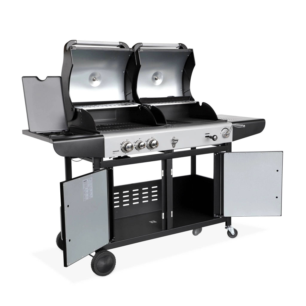 Barbecue a gas 2 in 1, 3 bruciatori + 1 fuoco laterale, nero