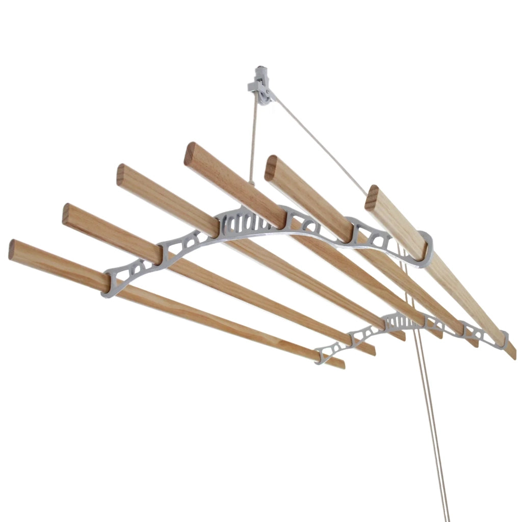 Stendibiancheria da Soffitto con 6 Stecche Legno 120cm e Supporti Ghisa Bianchi
