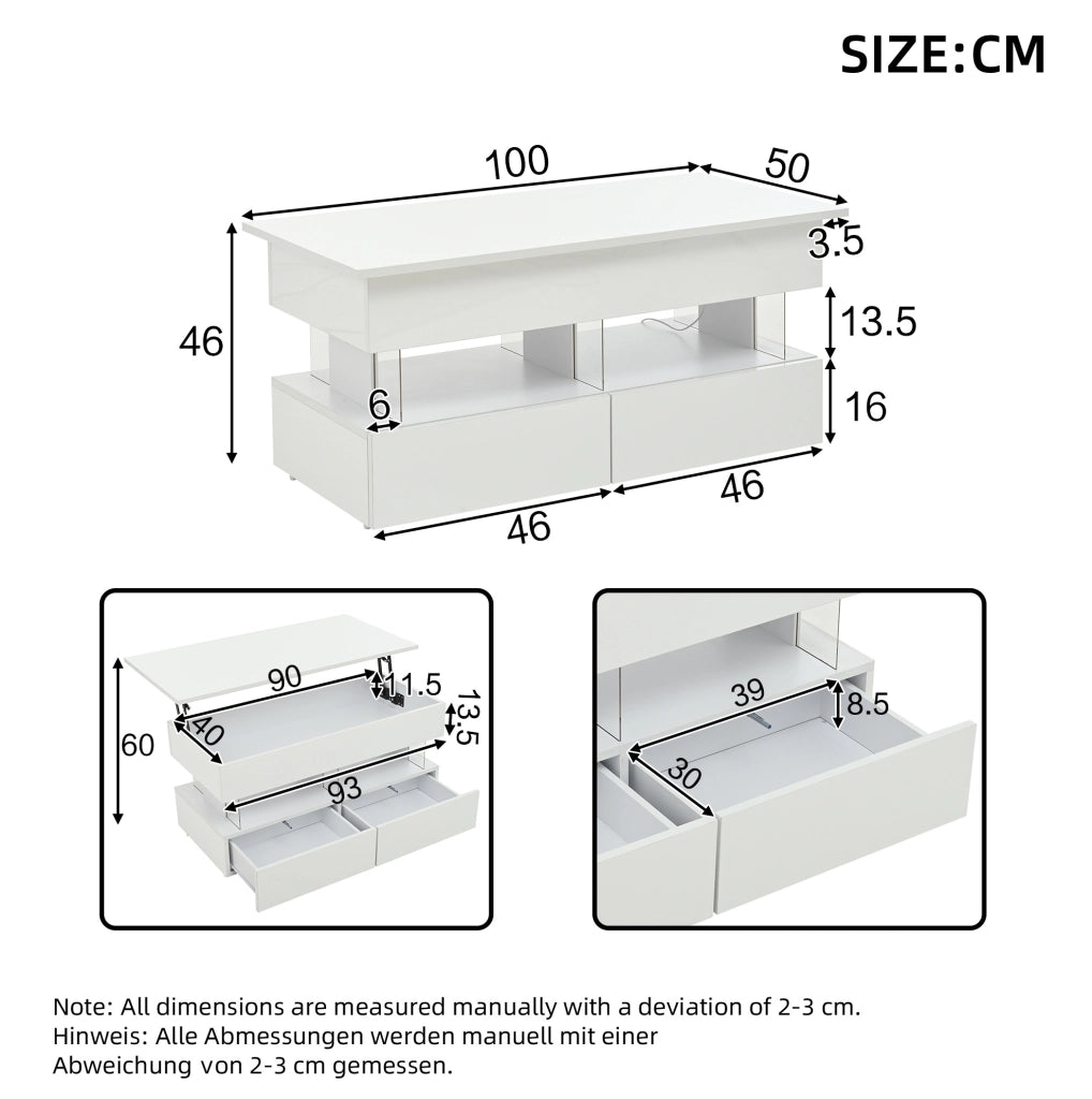 Tavolino da salotto ULEVR 100x50x46 cm con piano sollevabile idraulico, LED Bluetooth e 2 cassetti, bianco