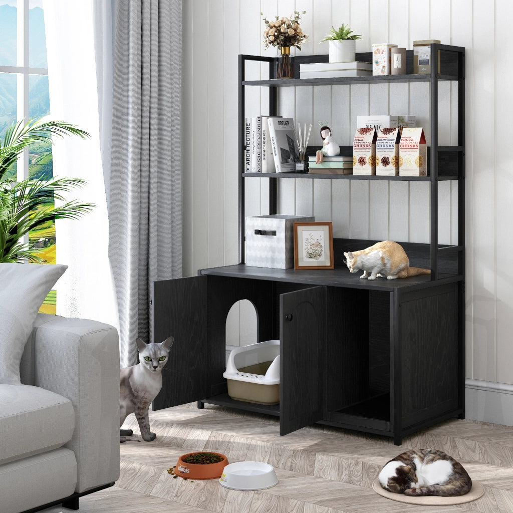 Mobile copriletteriera per gatti con libreria a 3 livelli; ante magnetiche; struttura in MDF e metallo nero