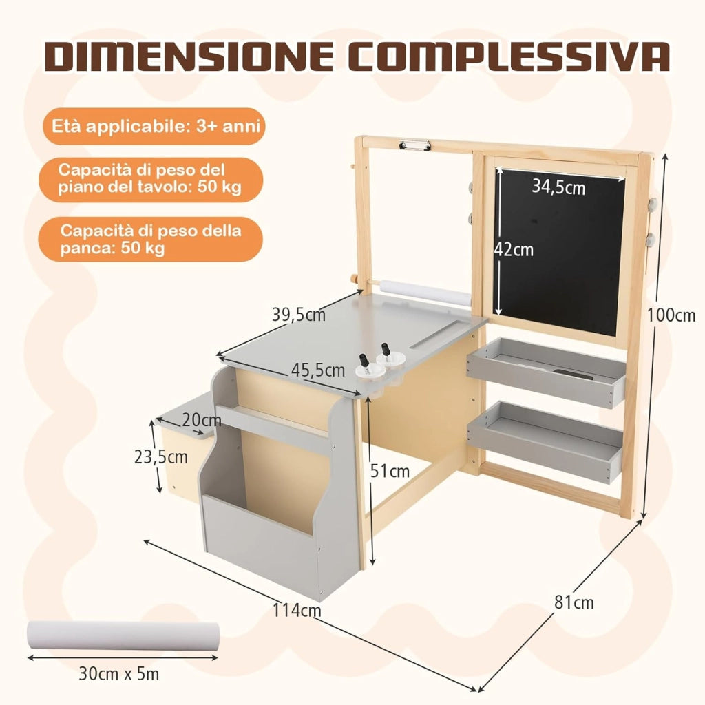 Set 3 in 1 Tavolo e Sedie per Bambini 3+ Anni, Tavolo in Legno Sicuro con Lavagna Cancellabile, Magnetica, Cavalletto Regolabile, Libreria e Accessori Artistici, per Disegno (Grigio)
