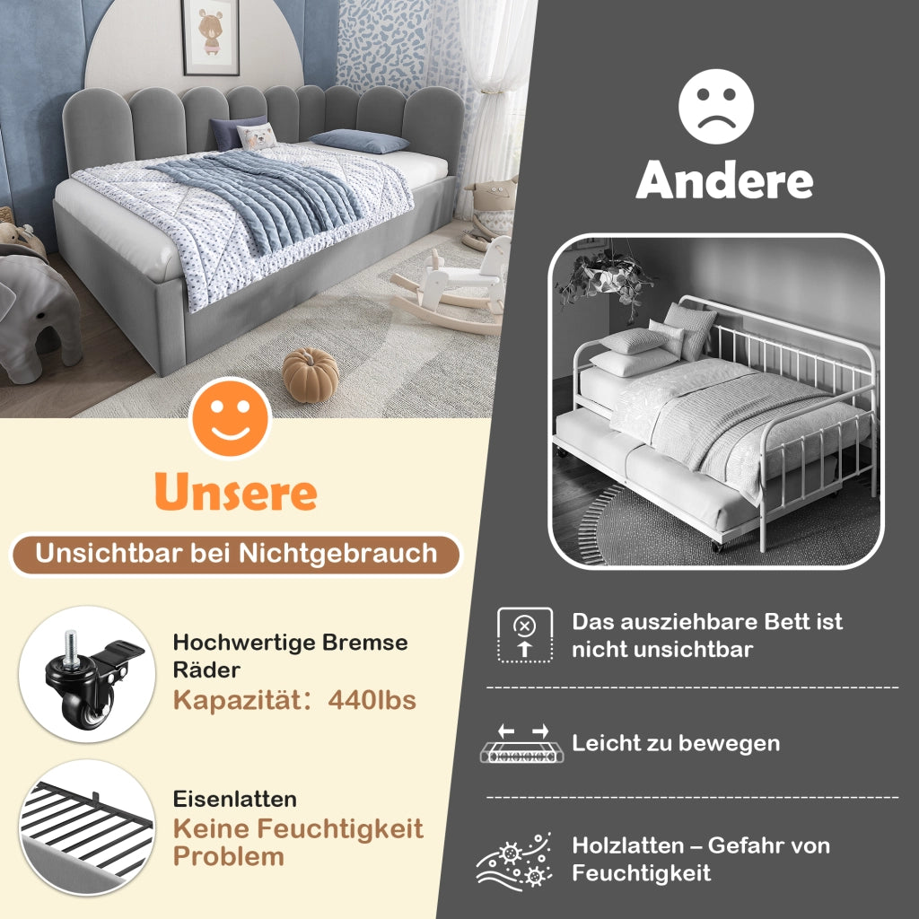 Daybed singolo – 90x200 cm – estraibile rete – velluto grigio