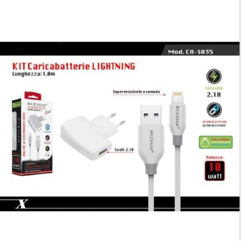 Trade Shop - Kit Caricabatterie + Cavo Usb Connettore Lightning 10w 2.1a 1mt Maxtech Ca-s035 -