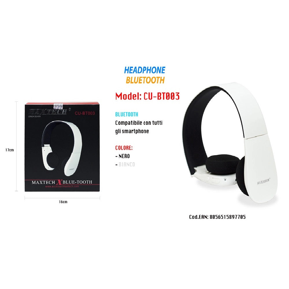 Trade Shop - Cuffie Bluetooth Wireless Archetto Regolabile Microfono Pieghevoli Maxtech Cu-bt003 -