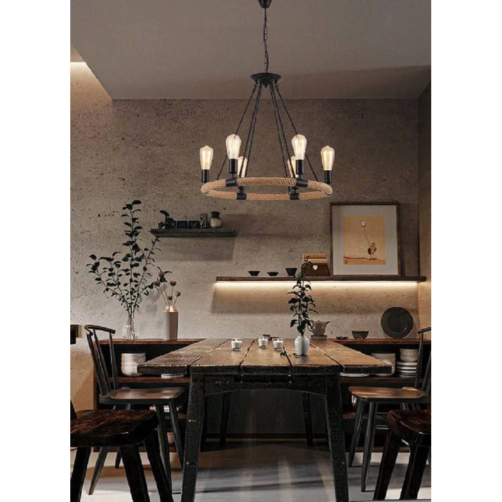 Trade Shop - Lampadario Rotondo Rustico In Canapa Metallo Attacco E27 Lampada Industriale A20 -