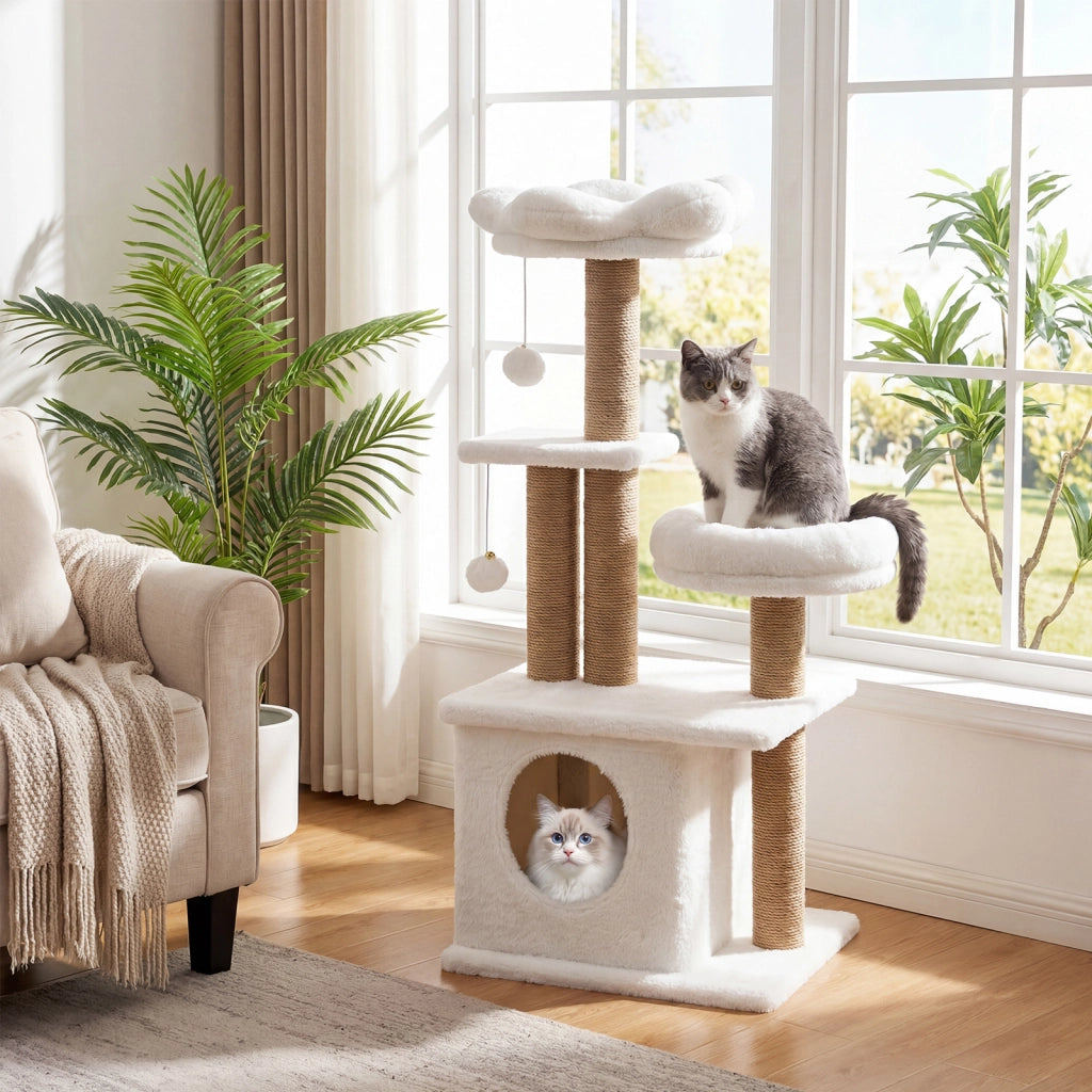 Albero per gatti torre per gatti alta 96 cm 2 palline con campanelli appese, Condo accogliente letto per gatti posti per graffiare Beige