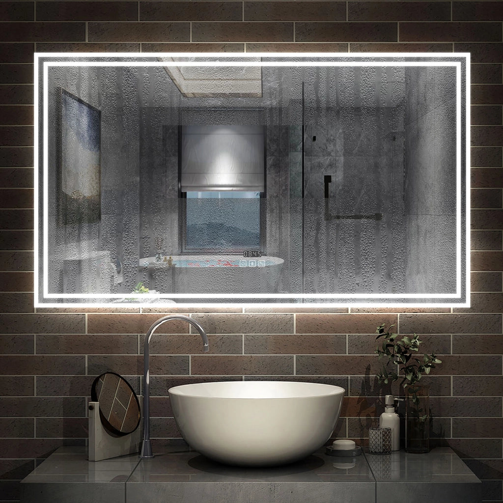 Specchio da bagno a LED, 140x80cm, Disappannamento, orologio, Bluetooth, 3 Temperature di Colore