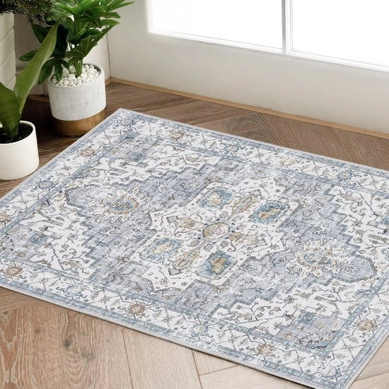 Tappeto di ingresso 60x90cm con disegno flore orientali, impronta blu, per uso interno, con funzione antiscivolo, lavabile, per soggiorno, cucina, bagno, camera da letto.