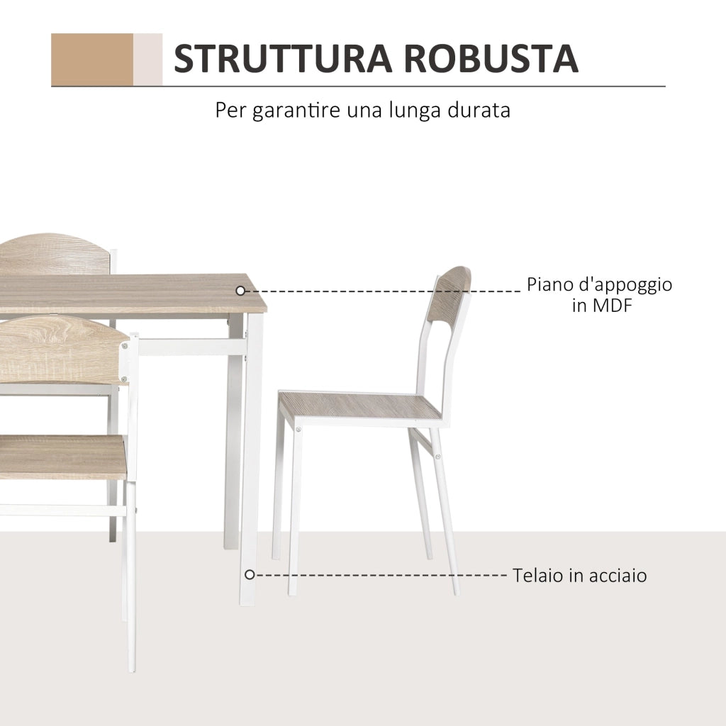 Set da Pranzo Tavolo e 4 Sedie in Metallo e MDF Bianco e Legno