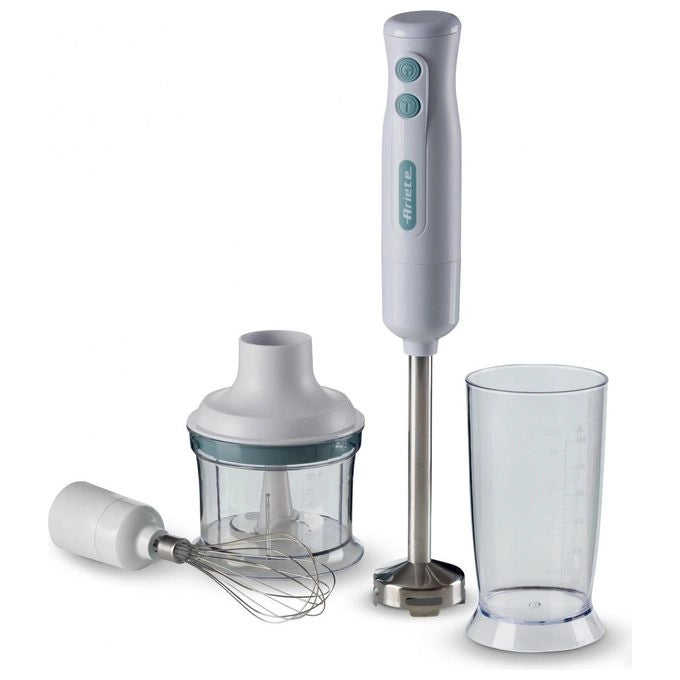 Ariete 601 Pimer 3in1, 700 W, 2 velocità, Lama in acciaio inox, Gamba removibile, Bicchiere trasparente, Bianco & Celeste
