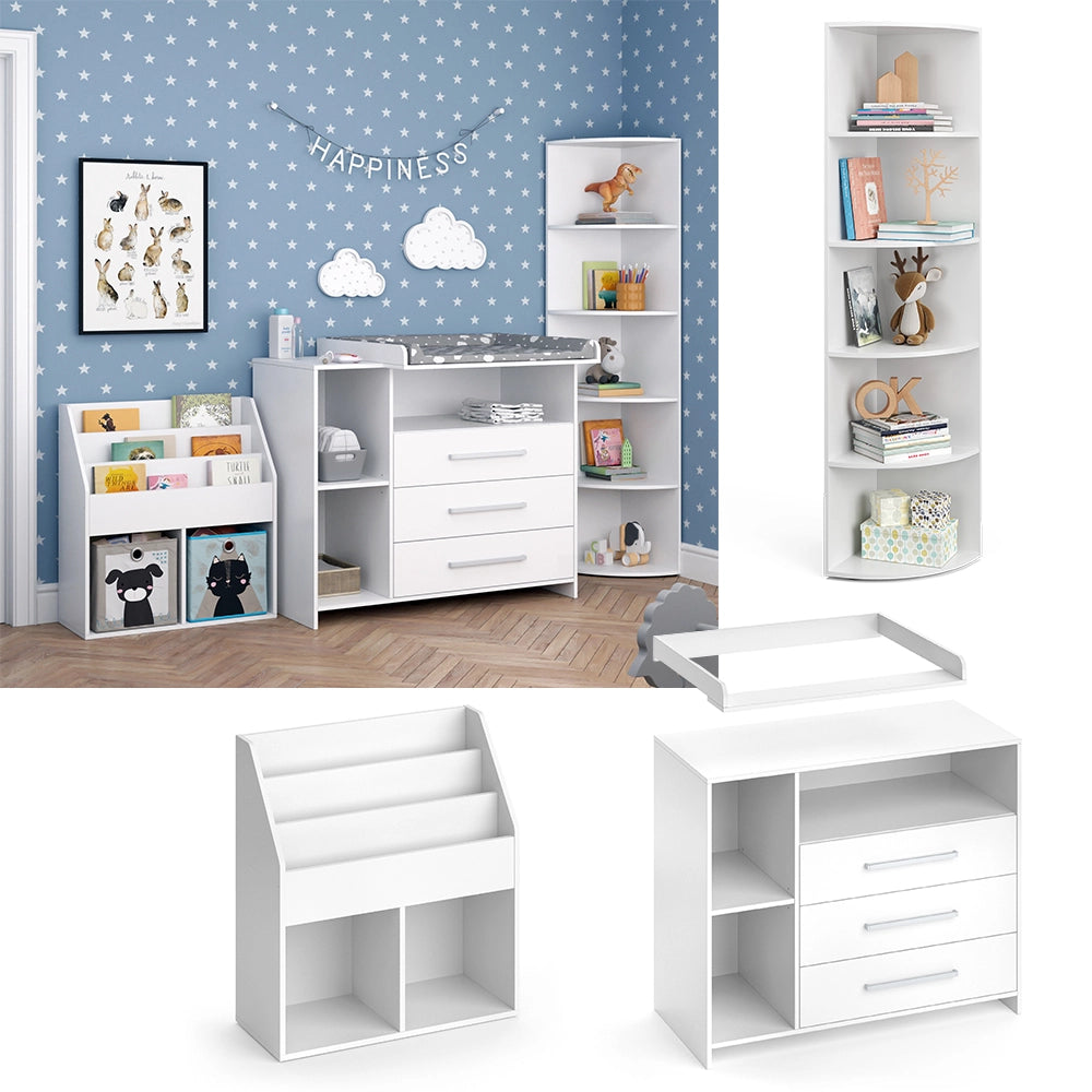 Vicco Set di mobili per bambini Bianco 3 parti, con fasciatoio, scaffale per giocattoli e libreria