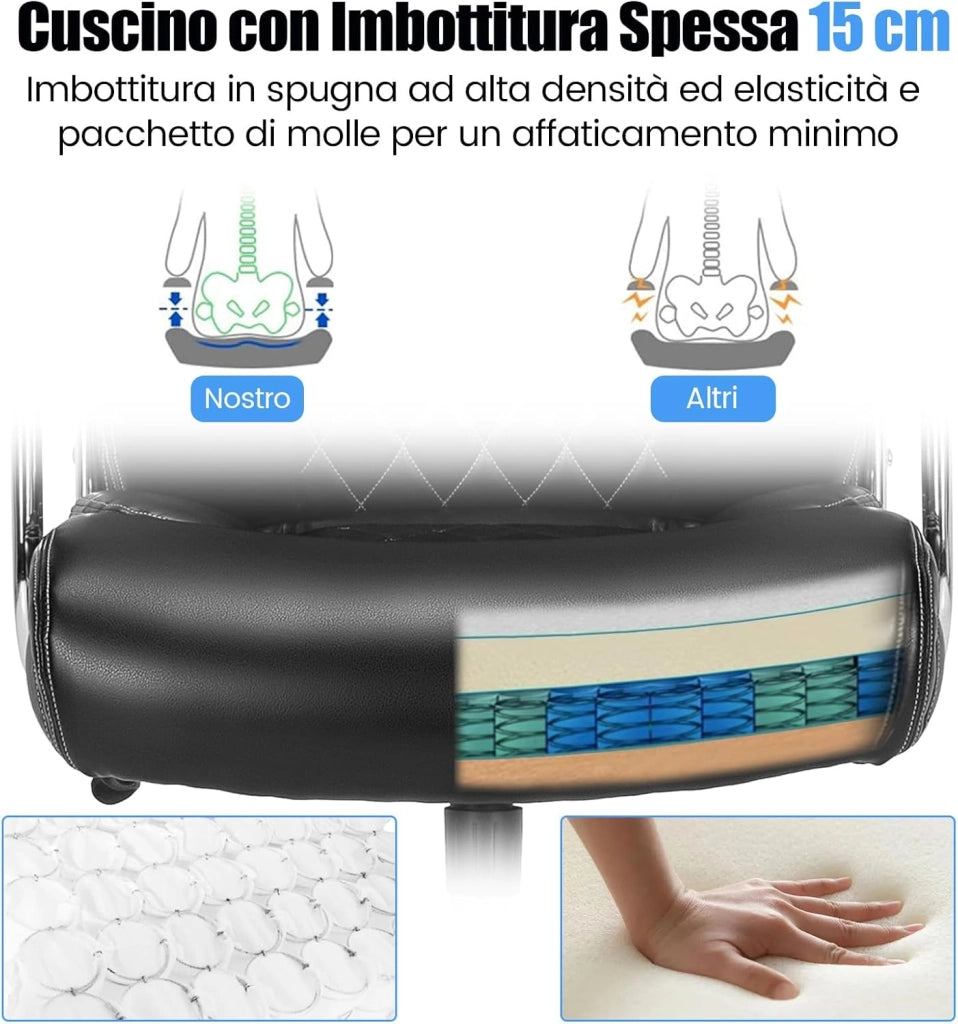 Sedia Ufficio in Pelle, Poltrona Scrivania Regolabile in Altezza, Sedia da Lavoro Girevole con Braccioli Imbottiti, con Base in Metallo, Schienale Oscillante, Portata 227 kg