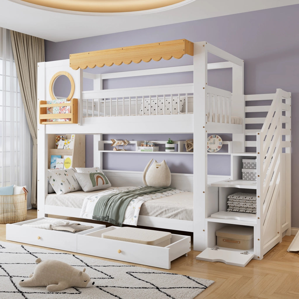 Letto a castello funzione contenitiva in legno massello e MDF bianco naturale 90x200 cm