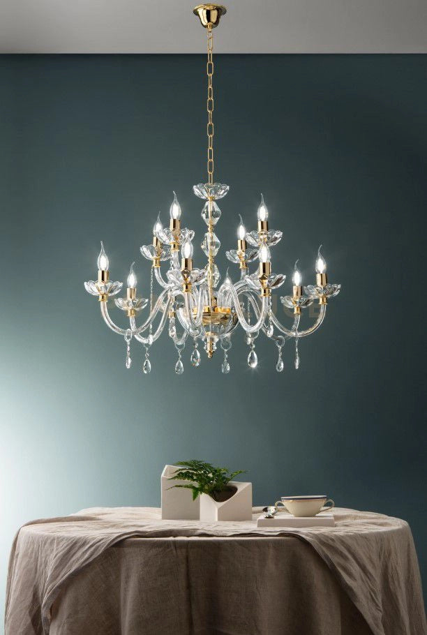 LAMPADARIO BRIGIDA 12 LUCI CRISTALLO E ORO ATTACCO E14 D.85CM