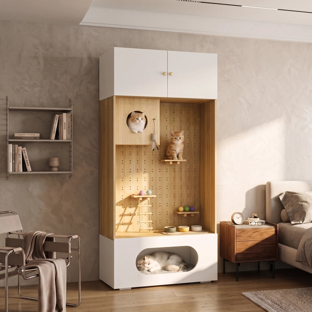 Mobile multifunzione per gatti con parete da arrampicata e vano contenitore 90 × 50 × 200 cm in truciolare bianco effetto legno