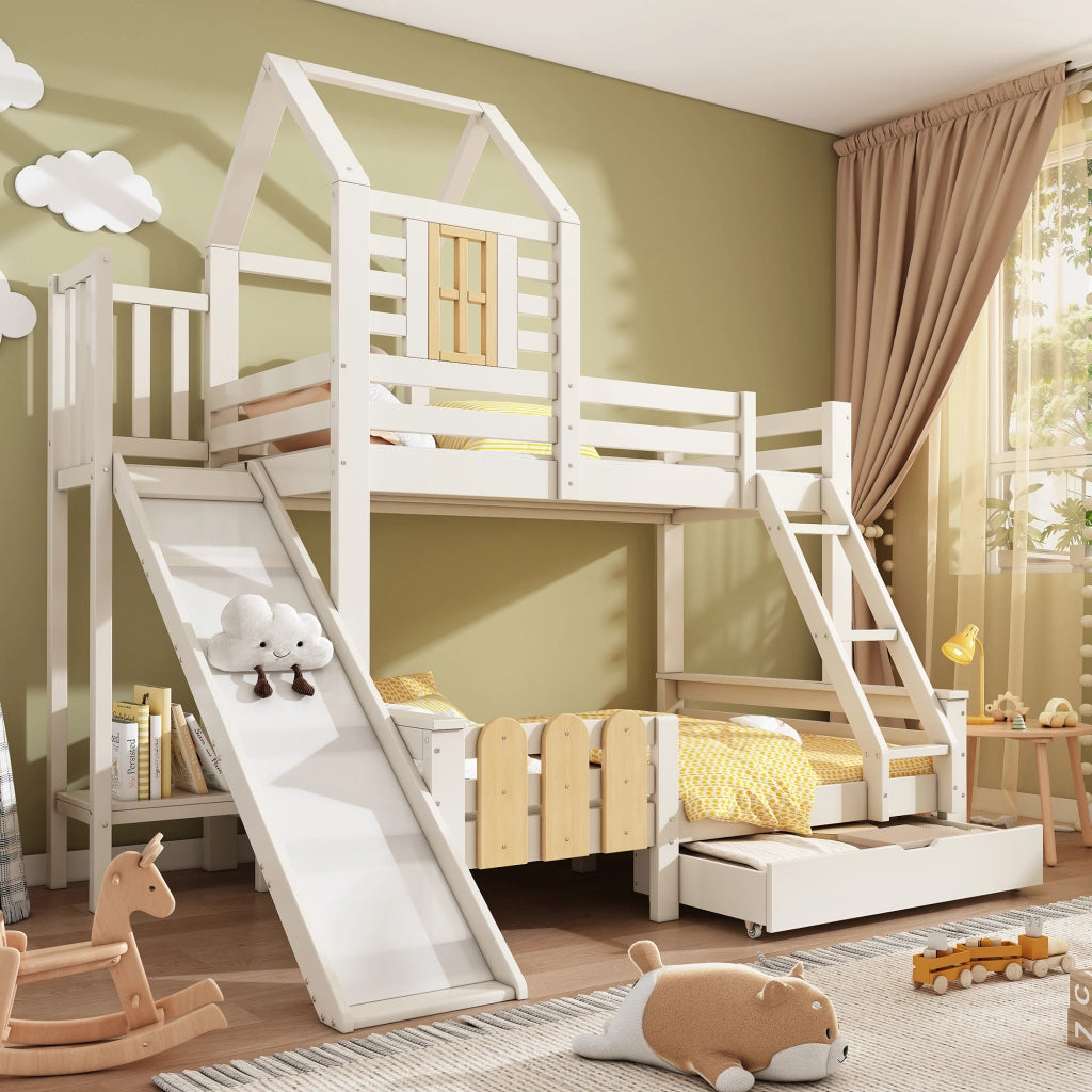 Letto a castello modello 90x200 e 140x200cm con scala scorrevole cassetti scorrevoli struttura a listelli con certificazione EN747 1 2024 senza materasso
