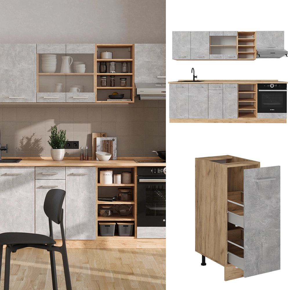 Cucina componibile R-Line Calcestruzzo/Rovere dorato 240 cm, PL Marmo Vicco