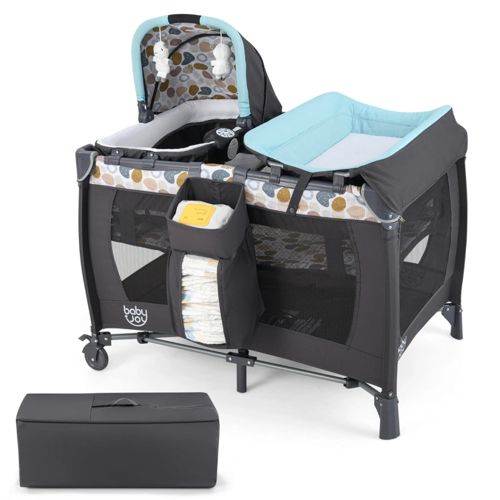 Box portatile per bambini con culla a dondolo e fasciatoio, Lettino pieghevole pack per neonati e bambini fino a 3 anni Blu