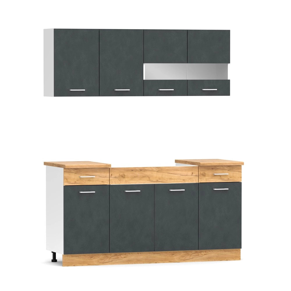 Cucina monoblocco 160 cm ERIKA grigio e rovere con lavello e pensili
