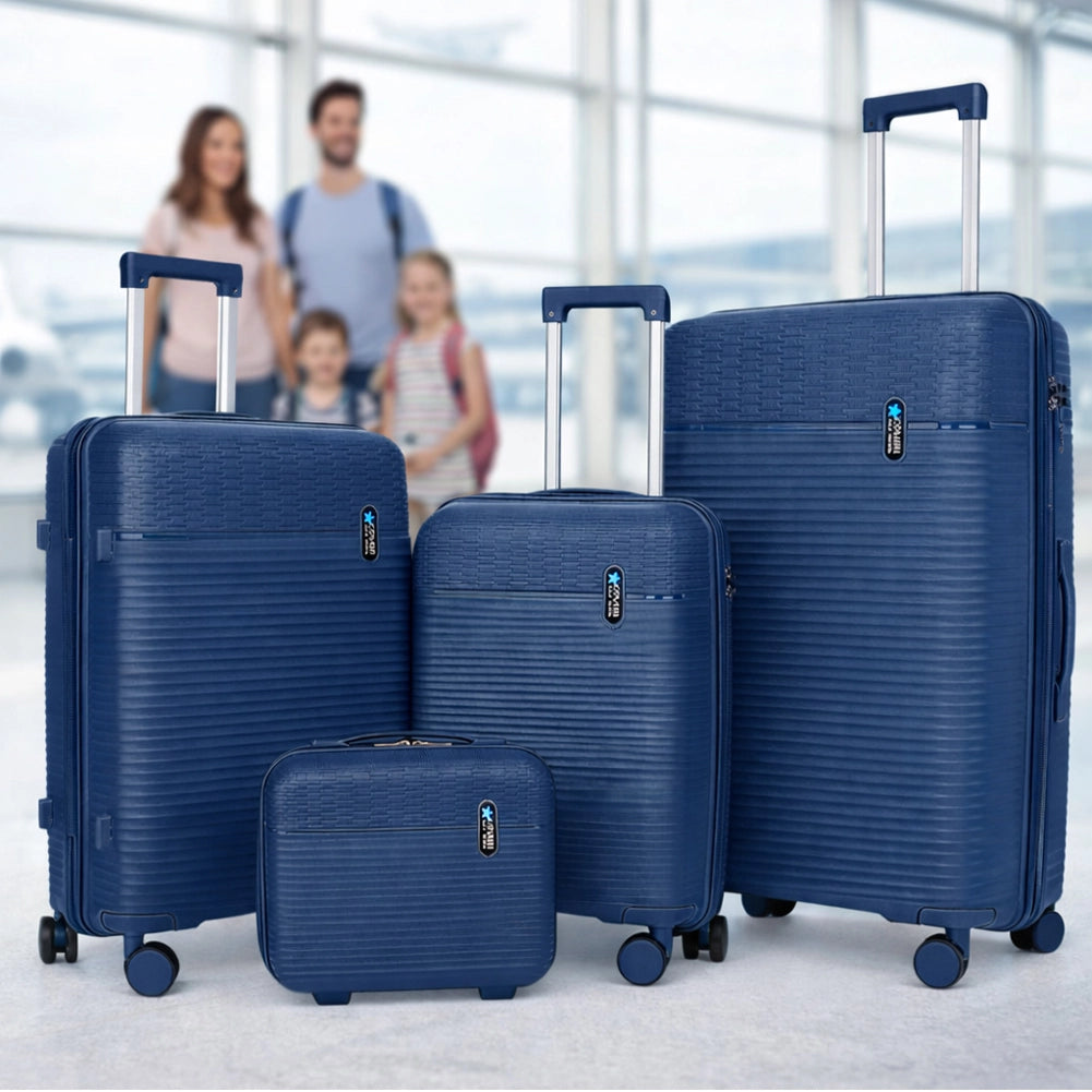 Set 3+1 Valigie Rigide Beauty Case Bagaglio Trolley Blu Navy con Ruote Easy Roll