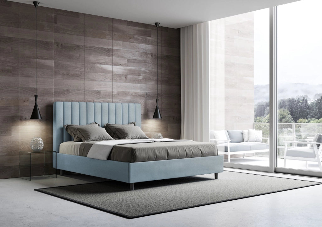 Letto Matrimoniale Francese 140x190 cm con Rete e Contenitore Agueda Azzurro