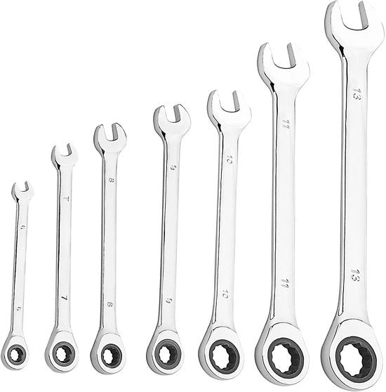 Set di chiavi a stella 7 pezzi - Chiave a stella - Chiave di morsa - Chiave di infilamento - 72 denti - Acciaio Cr-V - Disegno a doppia faccia - Set di chiavi di morsa