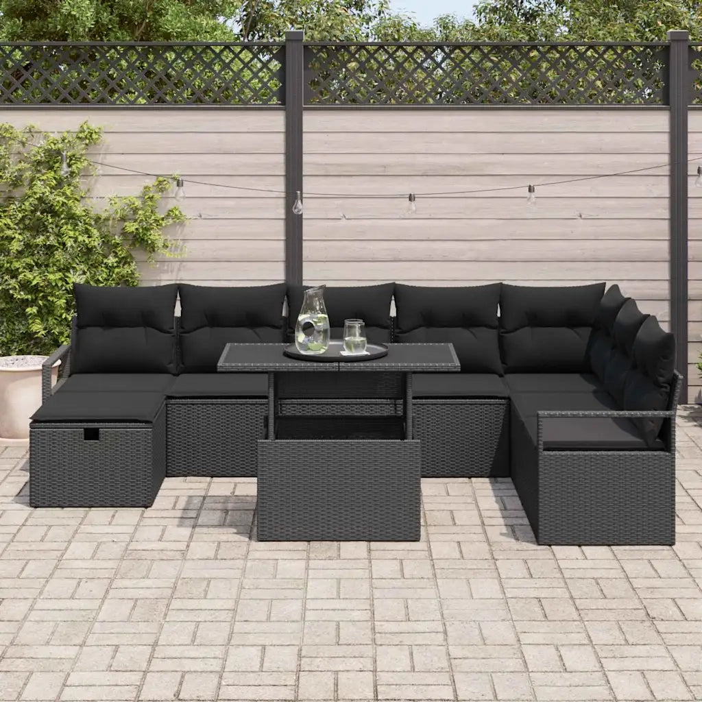 Set Divano da Giardino con cuscino 9 pcs Nero Poly Rattan 3359820