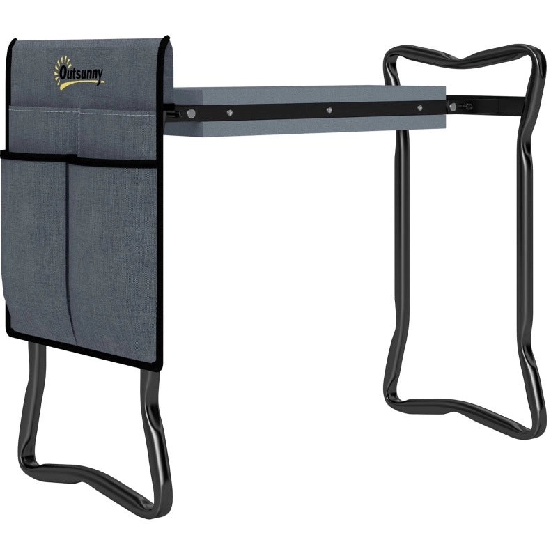 Panchetta pieghevole per giardinaggio con cuscino per ginocchia, portautensili, acciaio, 58x28x49 cm, grigio