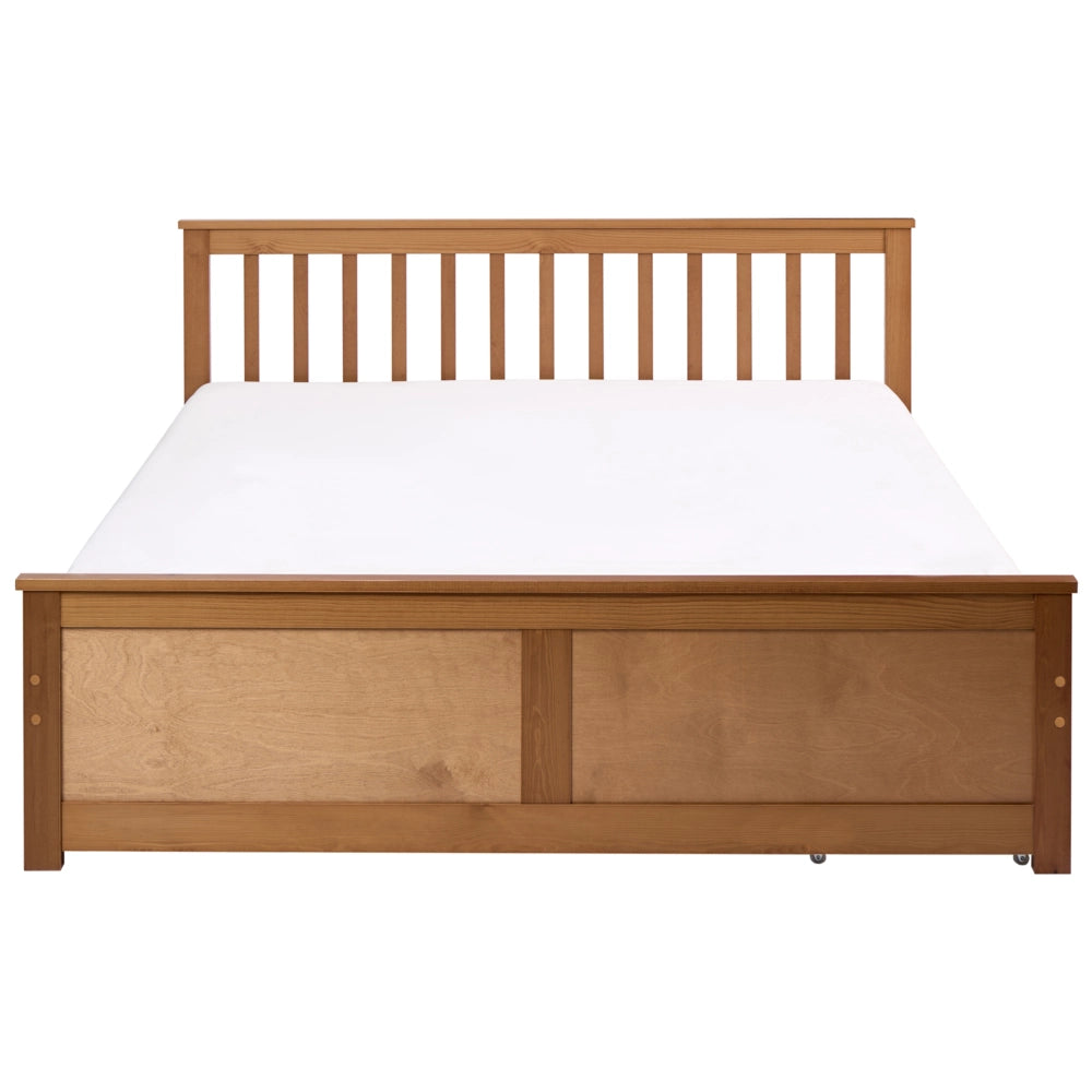 Letto matrimoniale in legno di Pino marrone con contenitore e 2 cassetti 160 x 200 cm Testiera a doghe minimalista