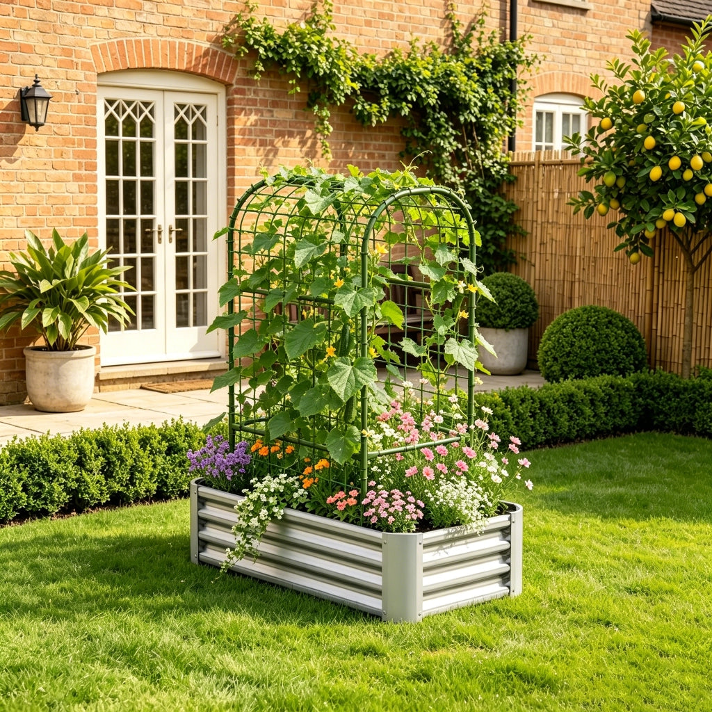 Aiola rialzata da giardino per ortaggi; erbe aromatiche e fiori in metallo zincato argento 120 × 60 × 150 cm
